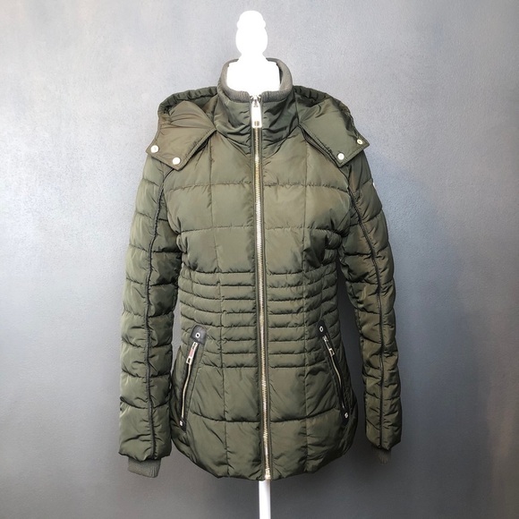 Guess Olive Green Long Puffer Hooded Winter Jacket M - Picture 1 of 13